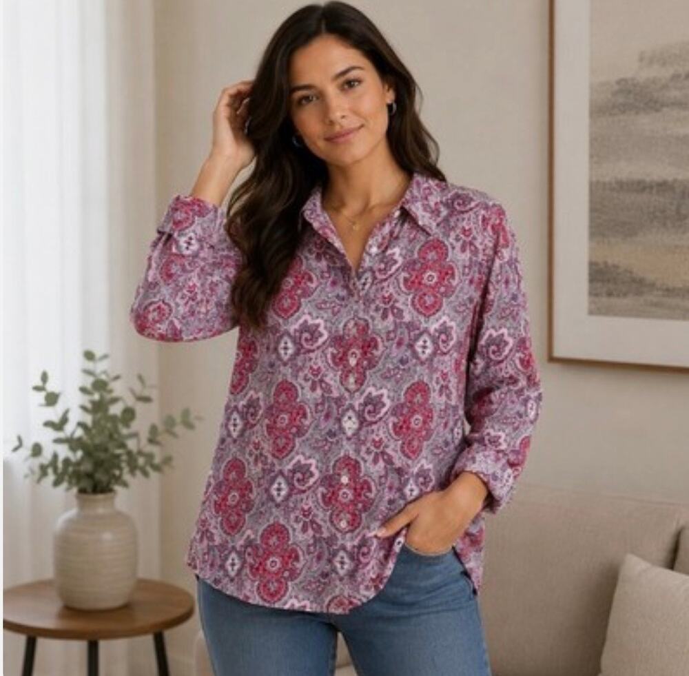 Talbots Womens 8 Petite Pink Gray Paisley Button UP Shirt Wrinkle Resistant Top